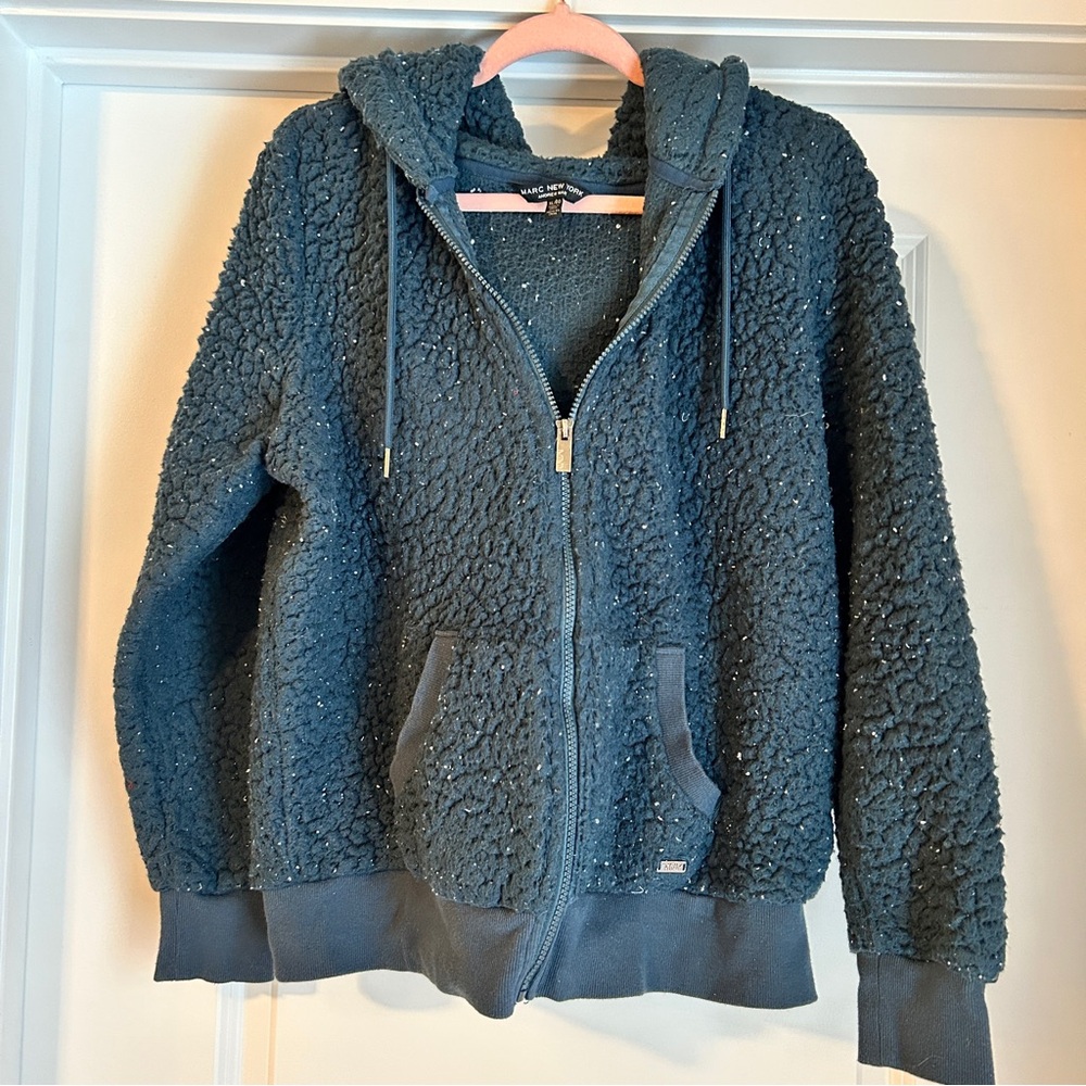 Marc New York Hooded Jacket Women’s XL Teddy Fleece Full Zip in Navy Blue